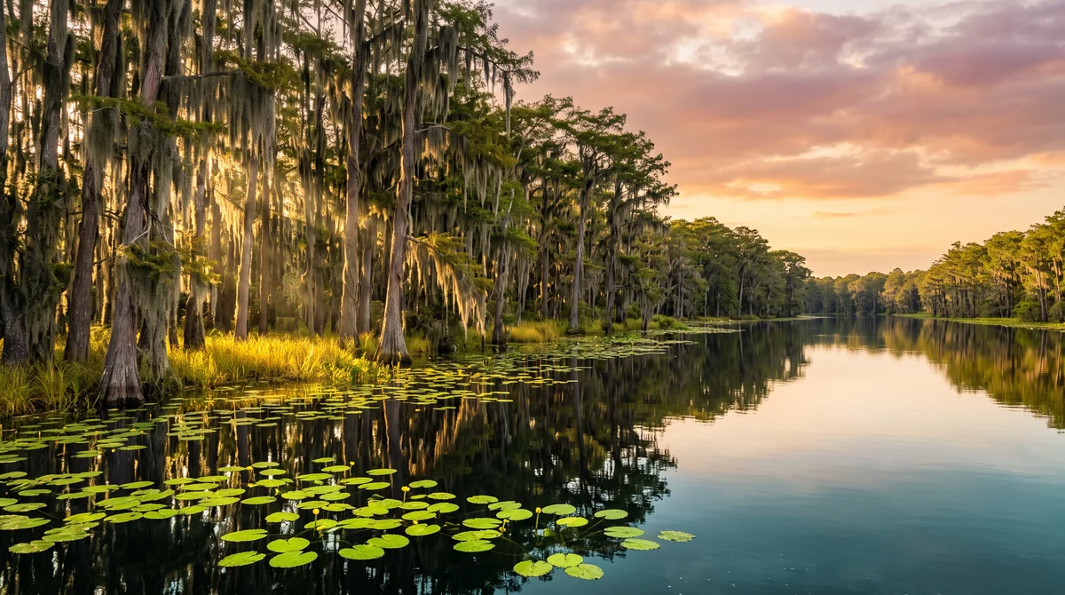 Golden light through cypress trees and Spanish moss over a still, lily-dotted waterway
