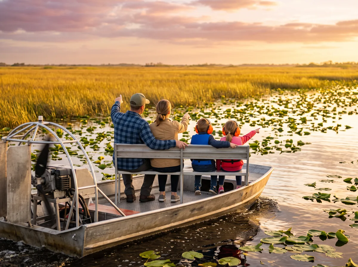 A family of four seen from behind rides an airboat across a golden marsh, the children pointing ahead.