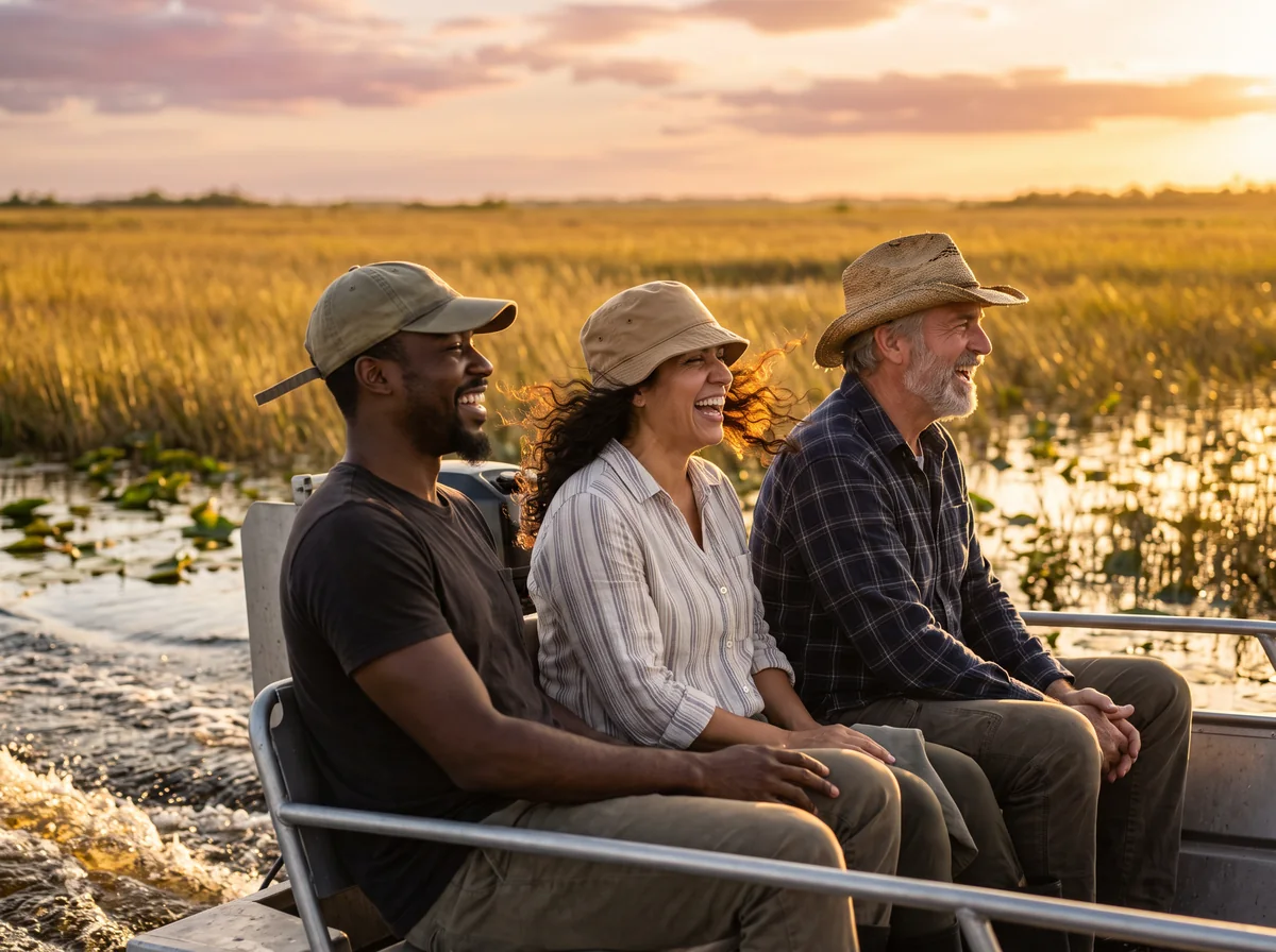 Three friends in sun hats laugh in profile on a moving airboat with the wind in their hair.