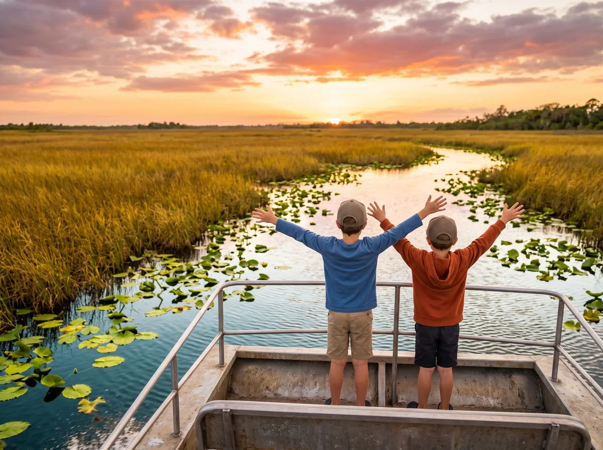 Two children seen from behind stretch their arms out at the front of an airboat over the marsh.