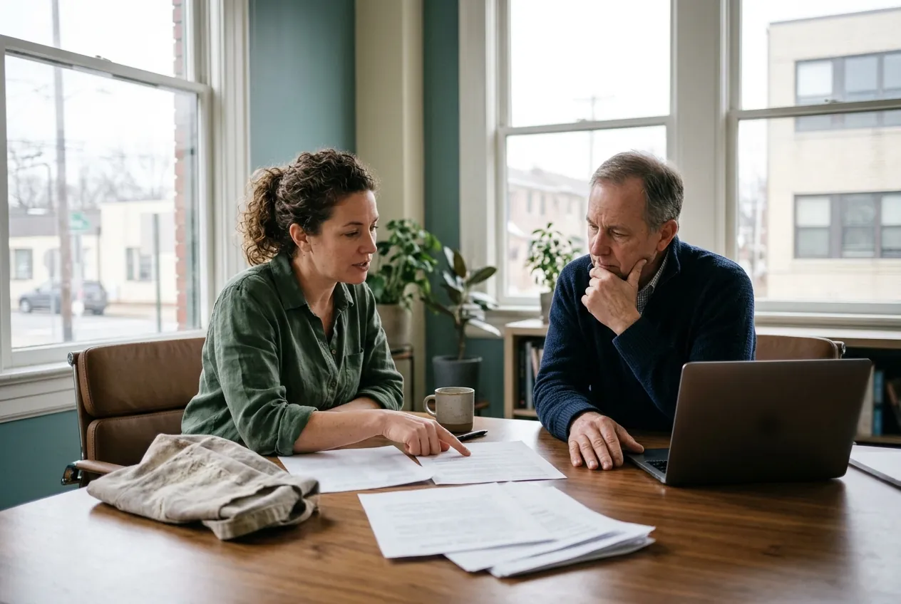 A business owner walks an advisor through a document at a table by tall windows.