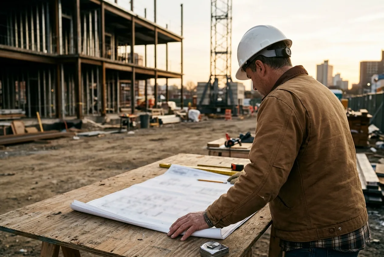 A contractor in a hard hat studies plans on a plywood table at a building site.