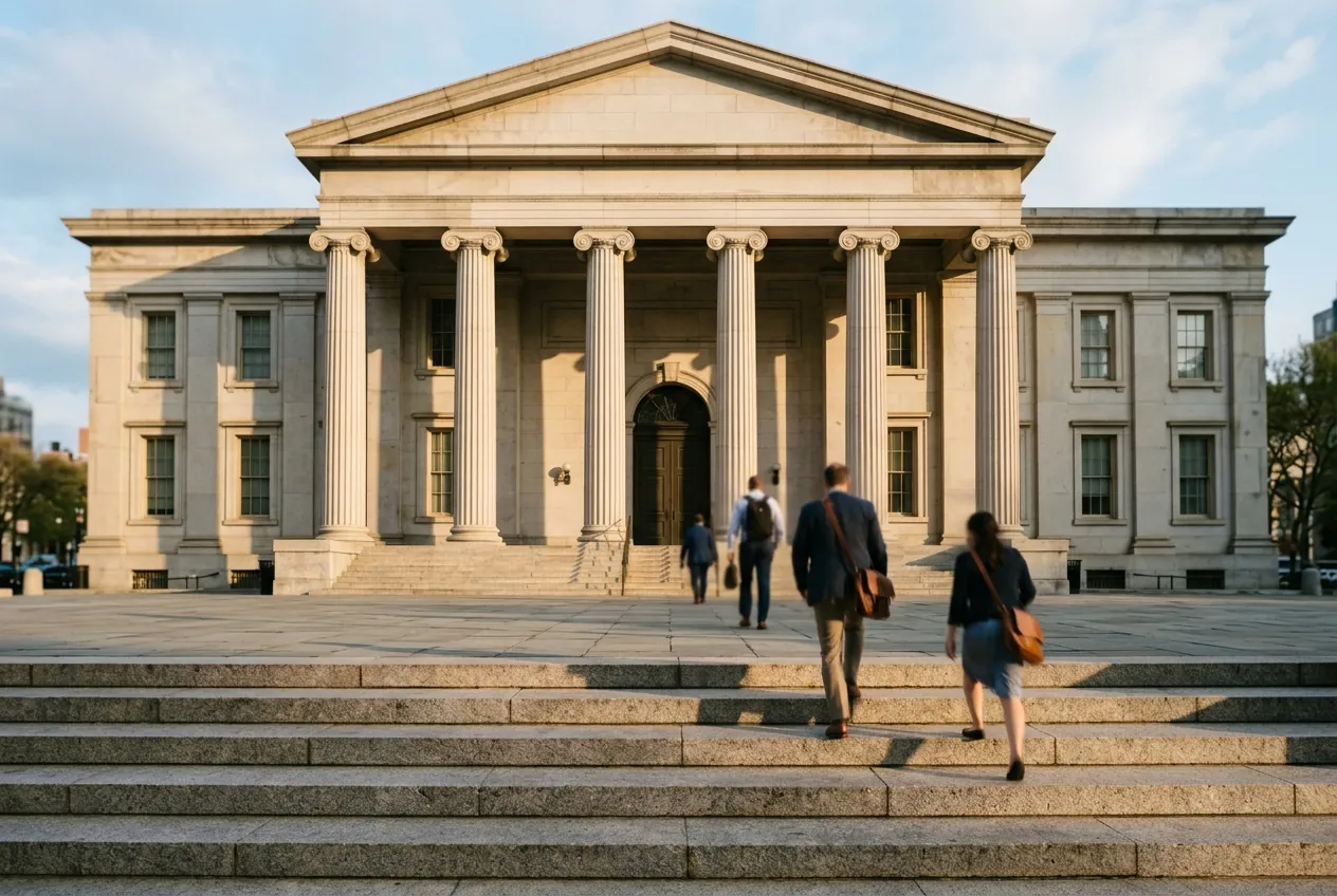 People with briefcases climb the steps of a columned civic building in the morning.