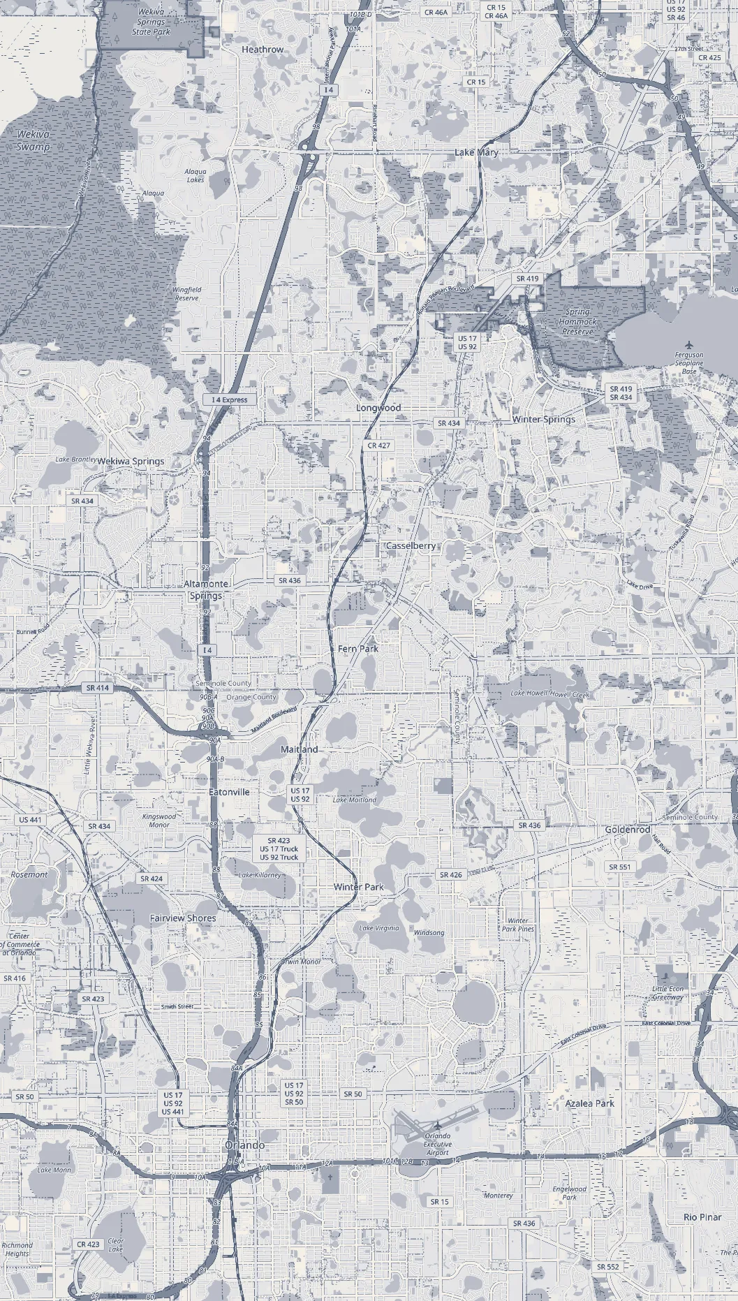 Street map of Central Florida with the firm's three offices marked: 1 Downtown Orlando, 2 Winter Park, 3 Lake Mary