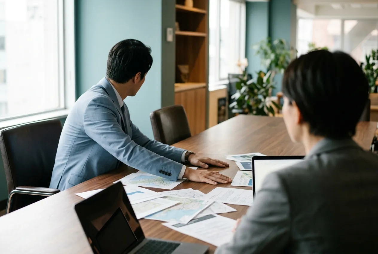 Two business partners face each other across a table covered in papers.