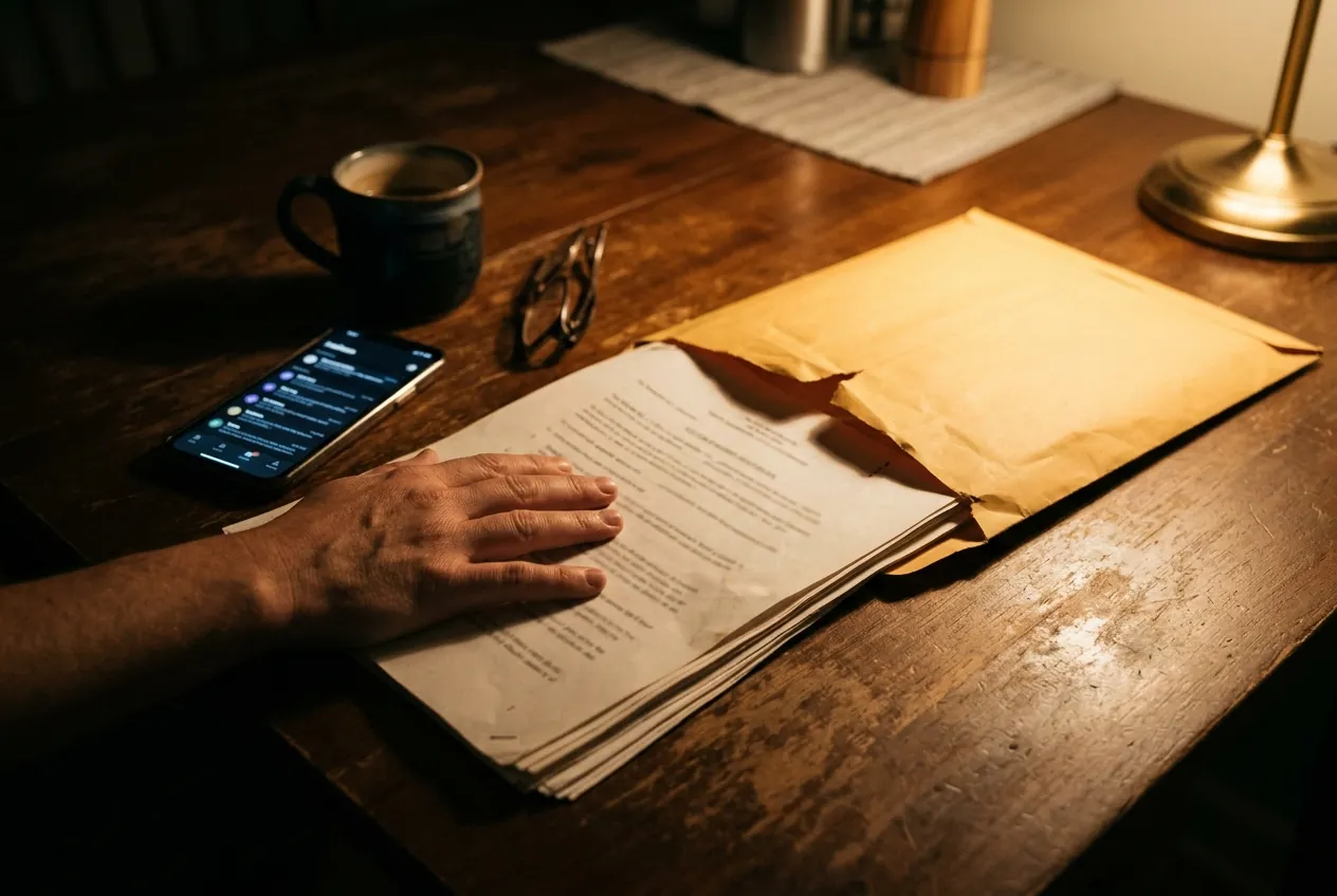 Late at night, a hand rests on legal papers just pulled from an envelope, a phone lit beside them.