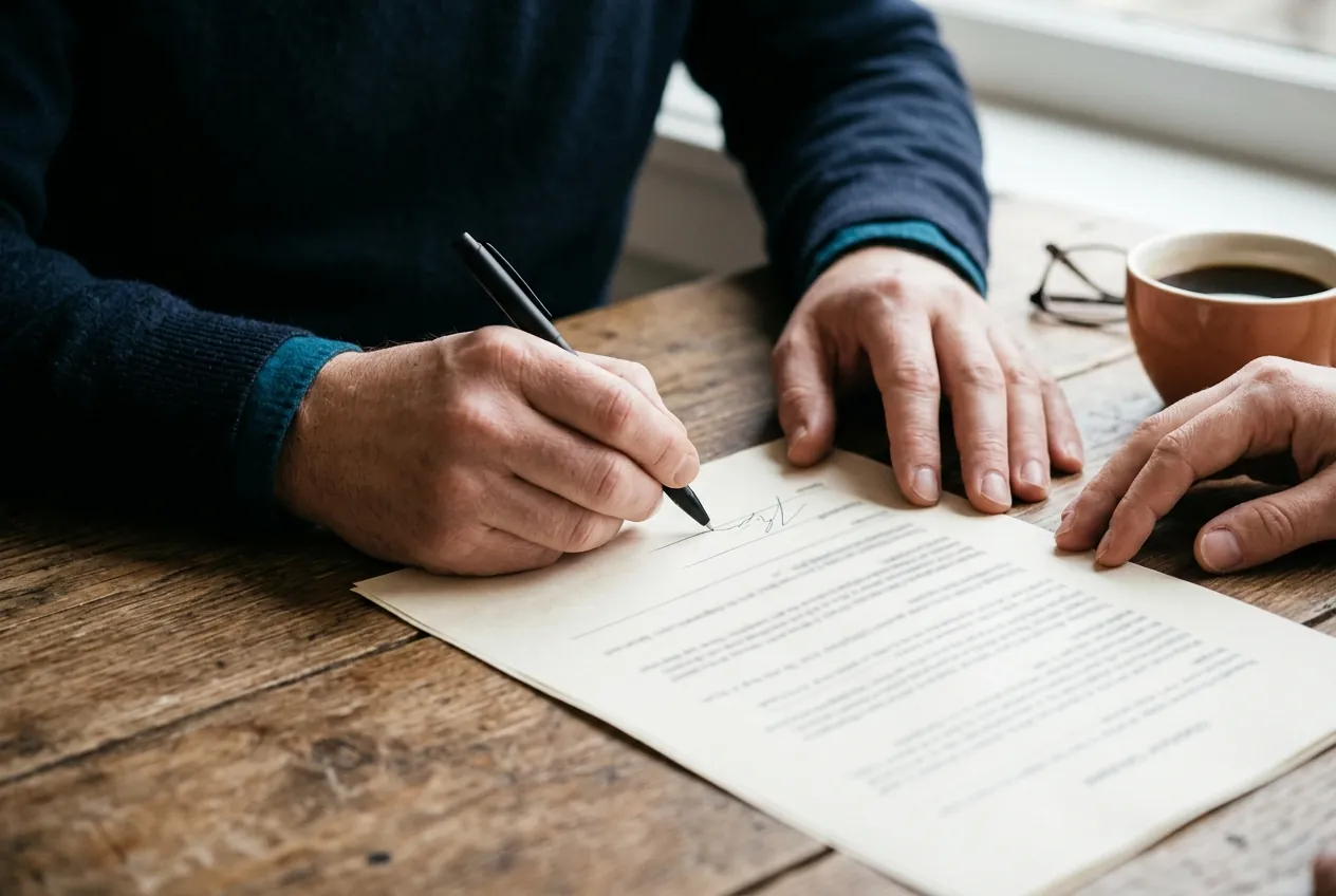 Hands sign the last page of an agreement beside a coffee cup and reading glasses.