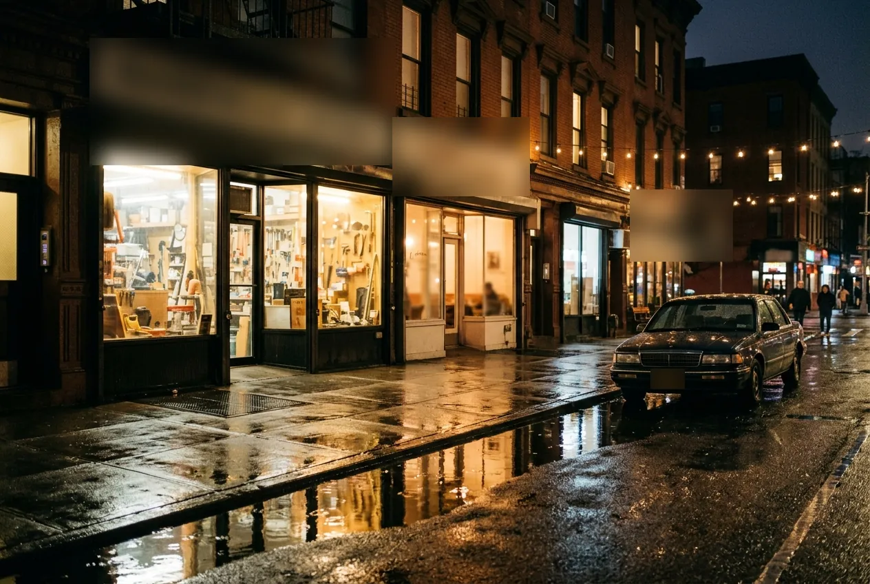 Small shops lit up along a wet street at night.