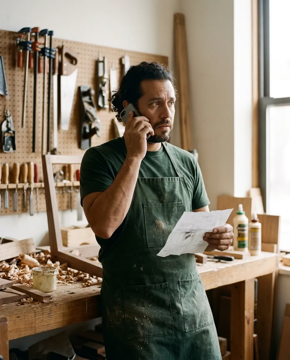 A furniture-workshop owner on a phone call, holding an invoice.