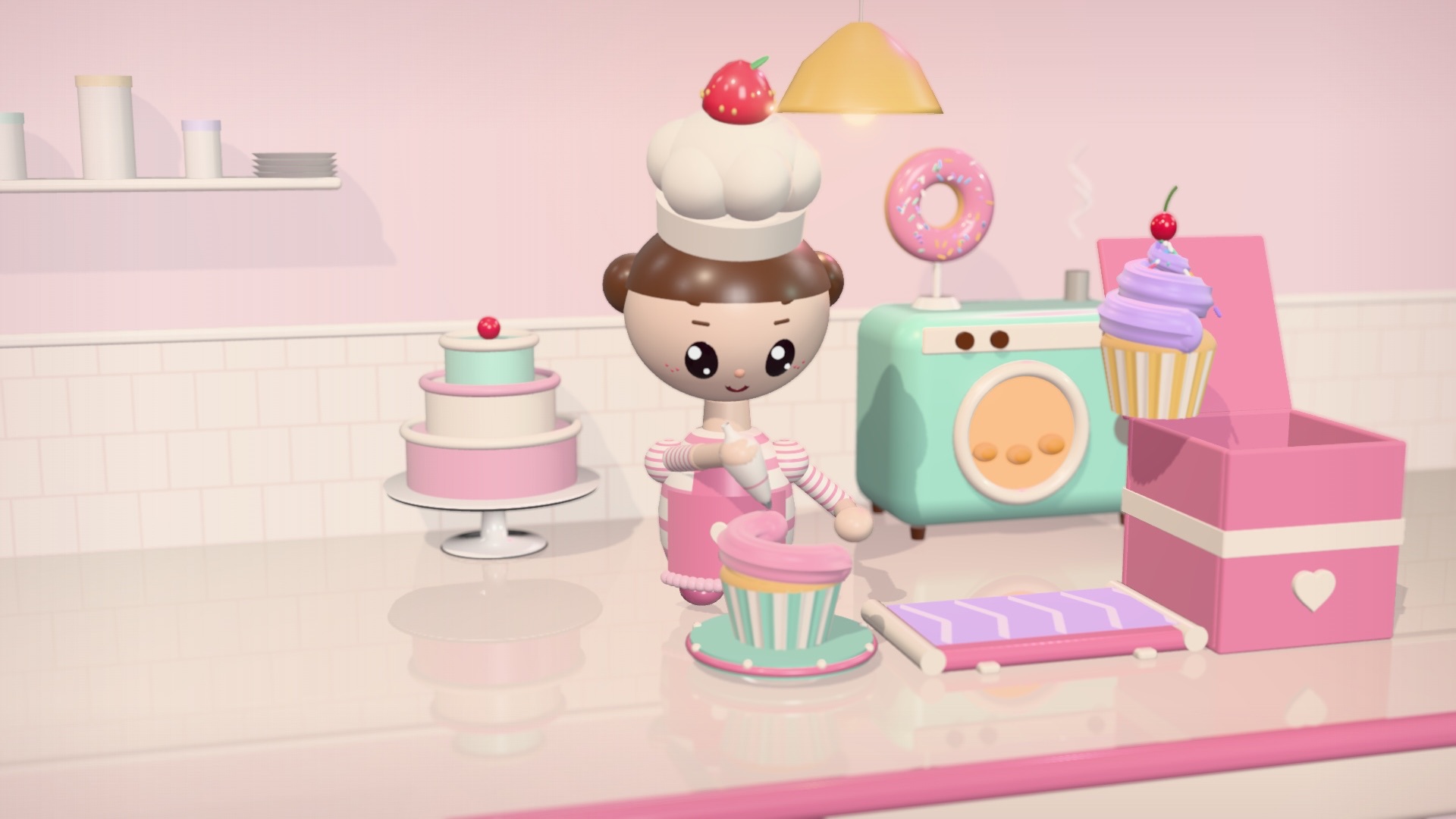 A cute cartoon baker kid in a strawberry-topped chef hat piping frosting onto cupcakes at a pastel counter