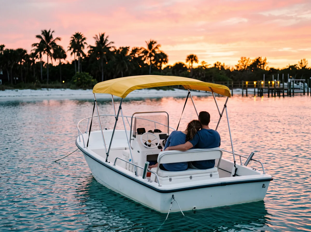 A couple seen from behind sit together on a small boat at a pink and orange sunset.