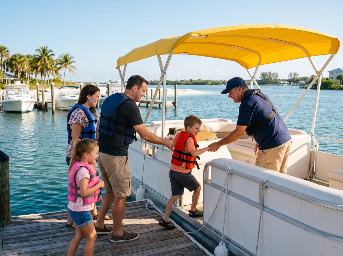 A family in life jackets steps aboard a pontoon boat at a marina dock on a bright morning.