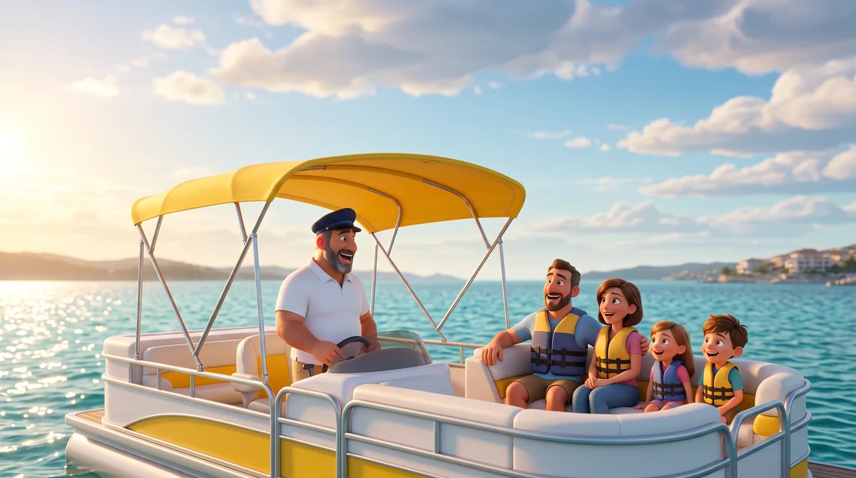 Illustration: the boat rental host laughs at the wheel of a pontoon boat, a family seated behind him.