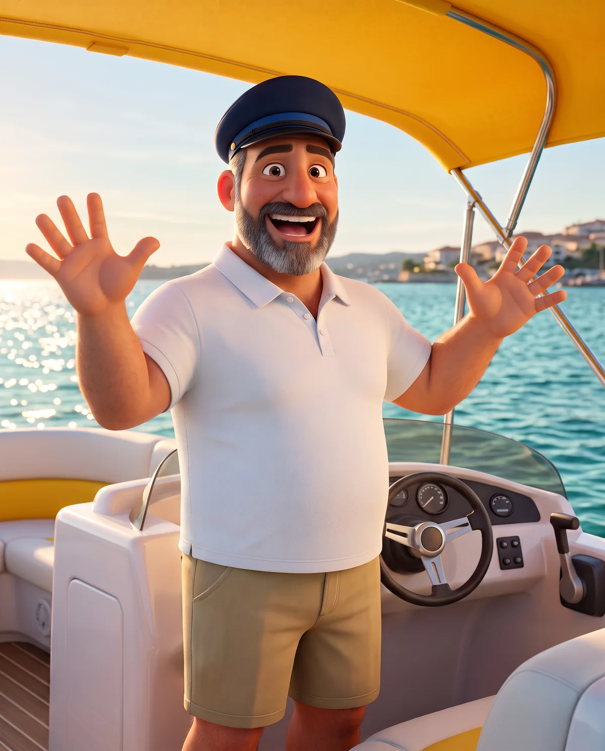 Illustration: the boat rental host laughs with delight, both hands raised.
