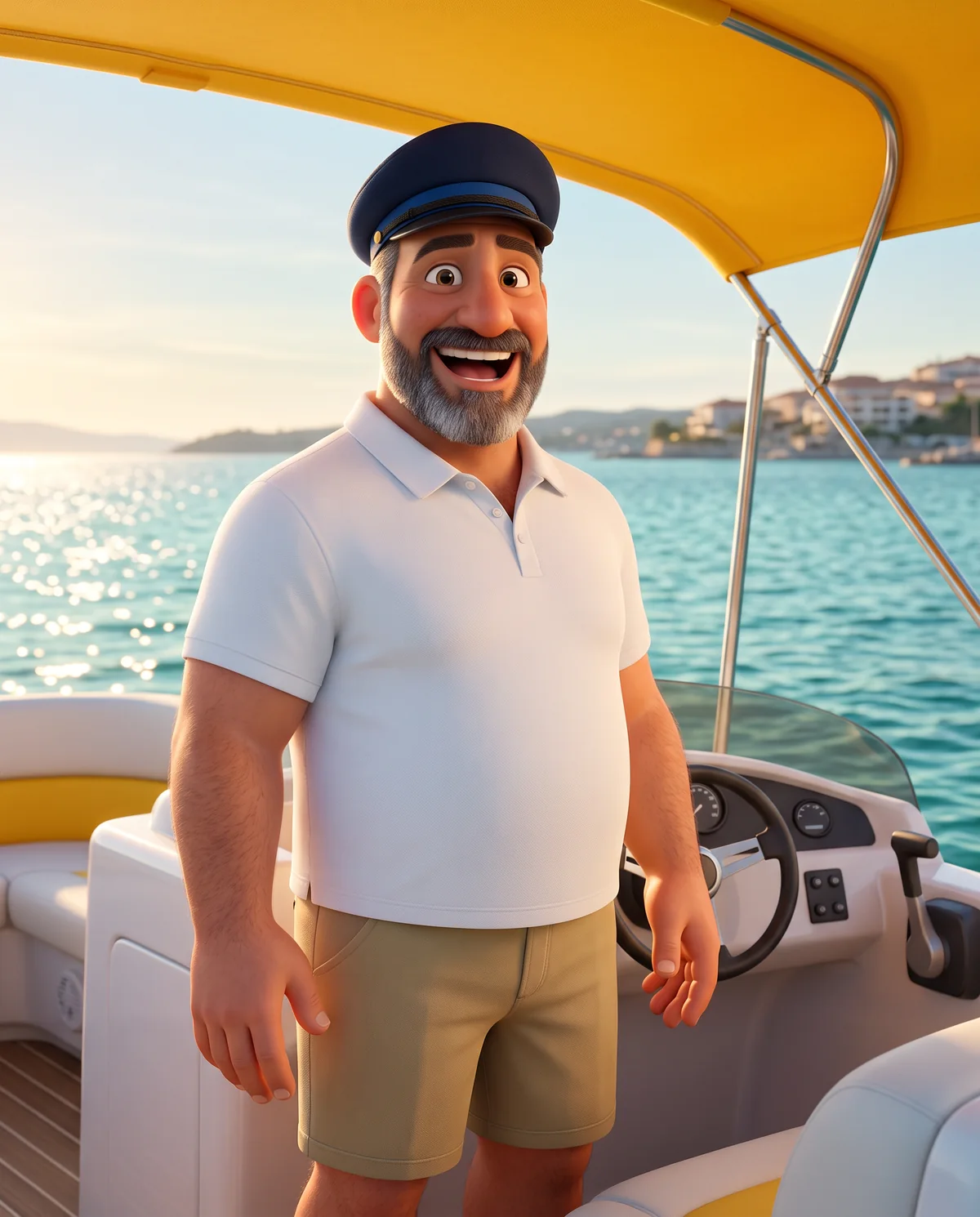 Illustration: a friendly boat rental host stands relaxed in front of a white pontoon boat on a sparkling bay.