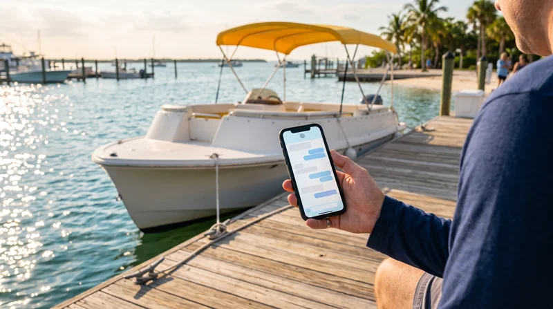 A phone showing a chat, held on a marina dock beside a pontoon boat.