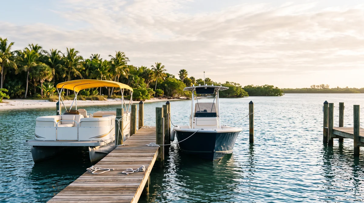 A white pontoon boat and a navy centre-console boat are tied at a marina dock in warm golden morning light.