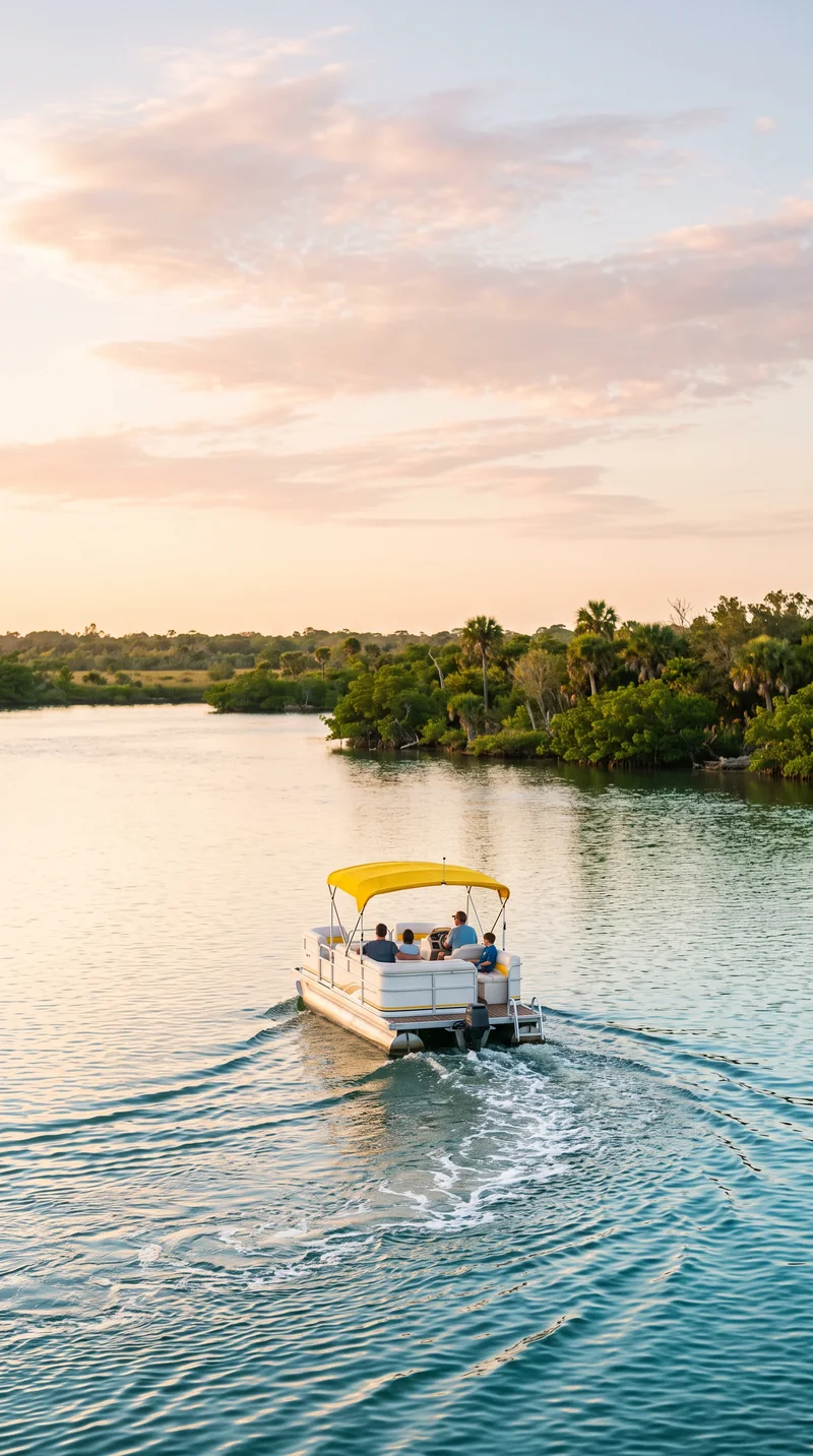 A pontoon boat cruises away across glowing blue-green water at golden hour, leaving a curved wake.
