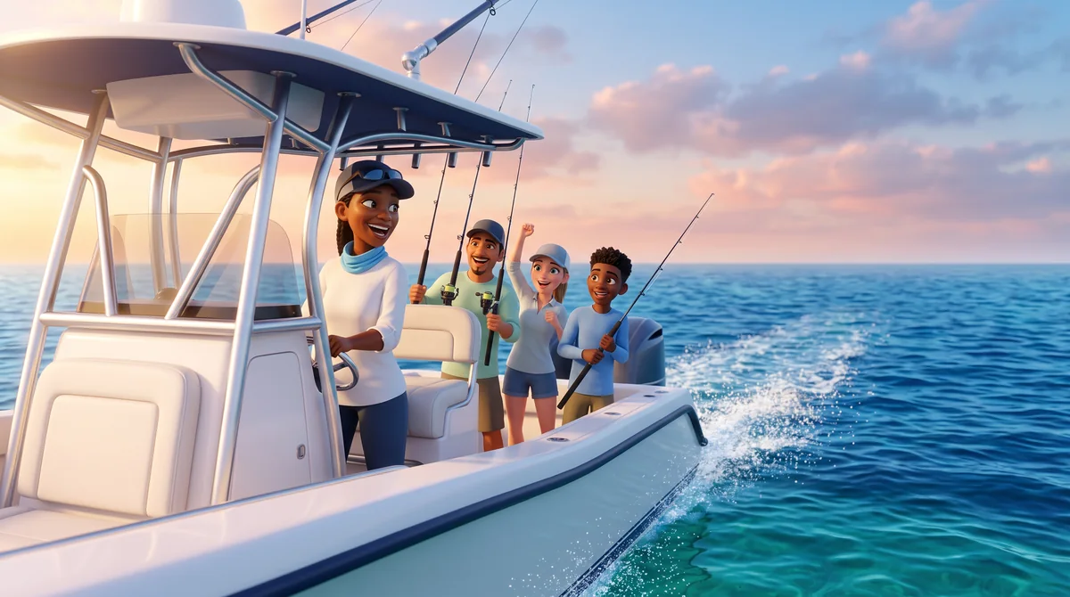 Illustration: the captain laughs at the console as three friends cheer with rods in hand.