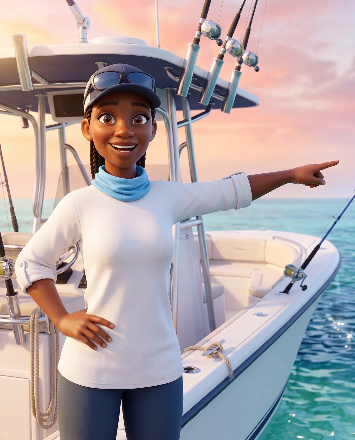 Illustration: the fishing captain points toward the open water with a welcoming look.