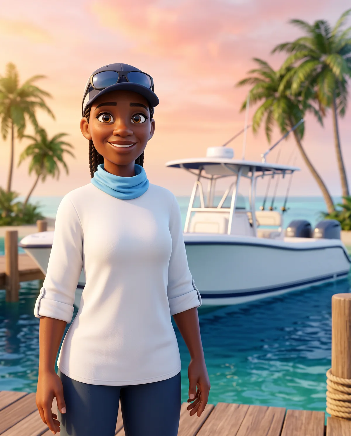 Illustration: a friendly fishing captain in a navy cap stands on a marina dock beside her boat.