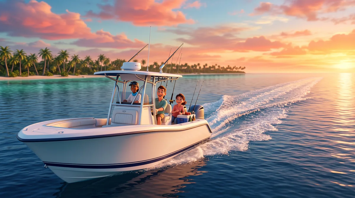 Illustration: the captain takes the boat home across calm water toward an orange and coral sunset.