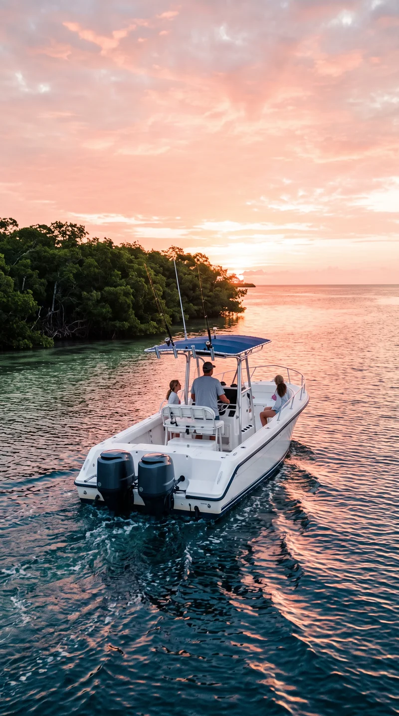 A white fishing boat heads out past a mangrove shore at sunrise leaving a glowing wake.