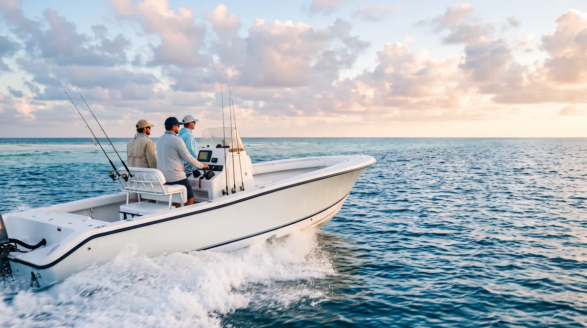 A white fishing boat runs across blue Gulf water throwing spray, anglers seen from behind.