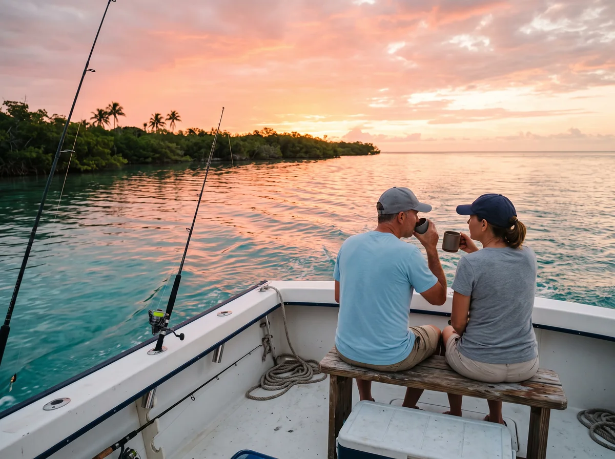 A couple seen from behind share a warm drink on a fishing boat deck at a pink and gold sunrise
