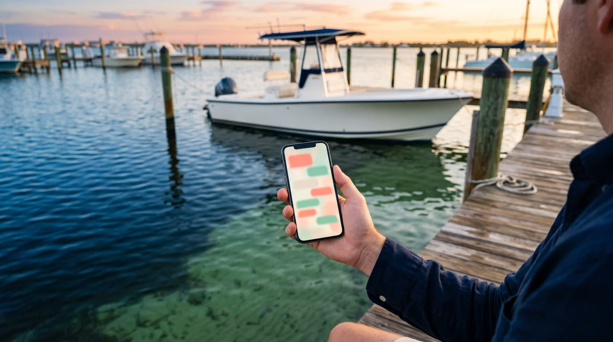 A hand holds a phone showing a chat on a marina dock, a white fishing boat blurred behind