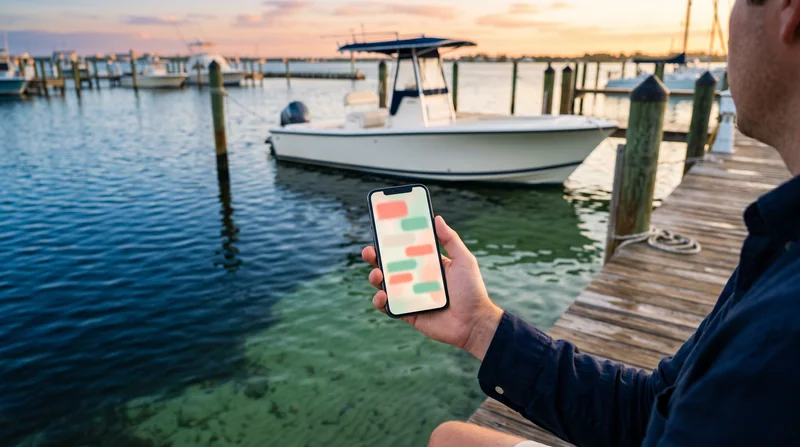 A phone showing a chat, held on a marina dock beside a white boat.