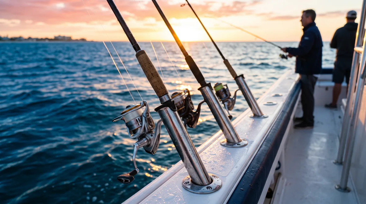 Spinning rods and reels sit in rod holders on a white boat in low golden light.