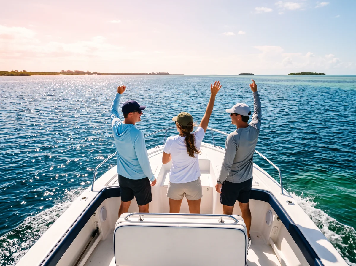 Three friends in sun-shirts cheer with their arms up at the stern of a fishing boat.