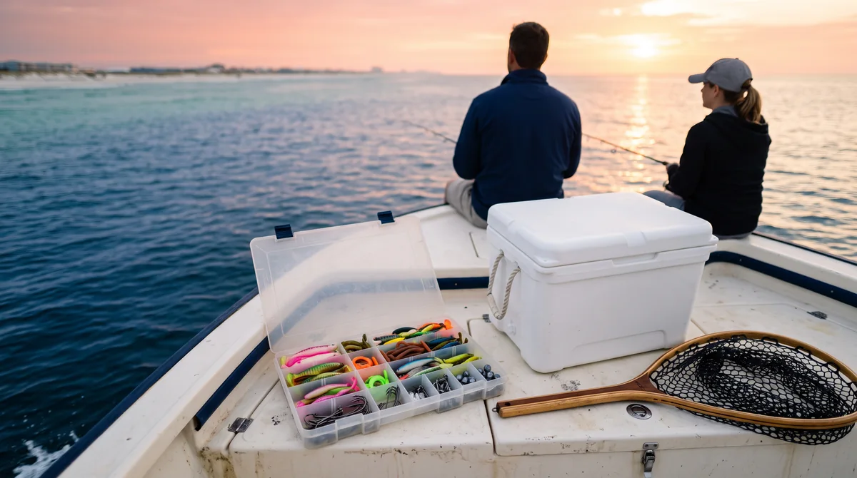 A tidy tray of colourful lures beside a white cooler and a net on a boat deck