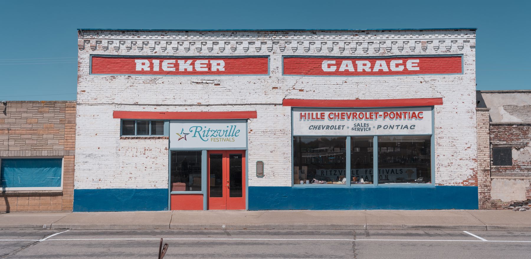 A garage building on a small-town street