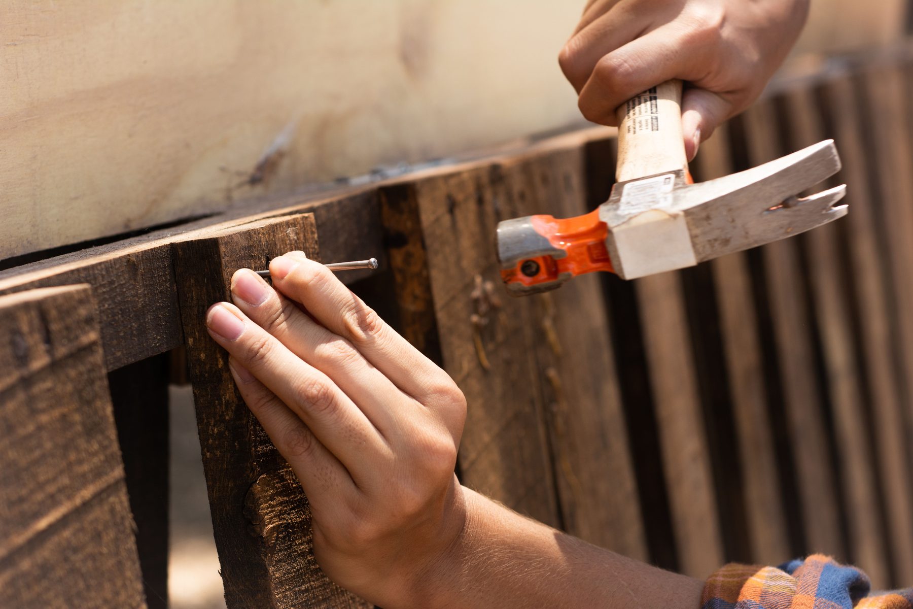 A hand setting a nail against a weathered fence board, hammer raised