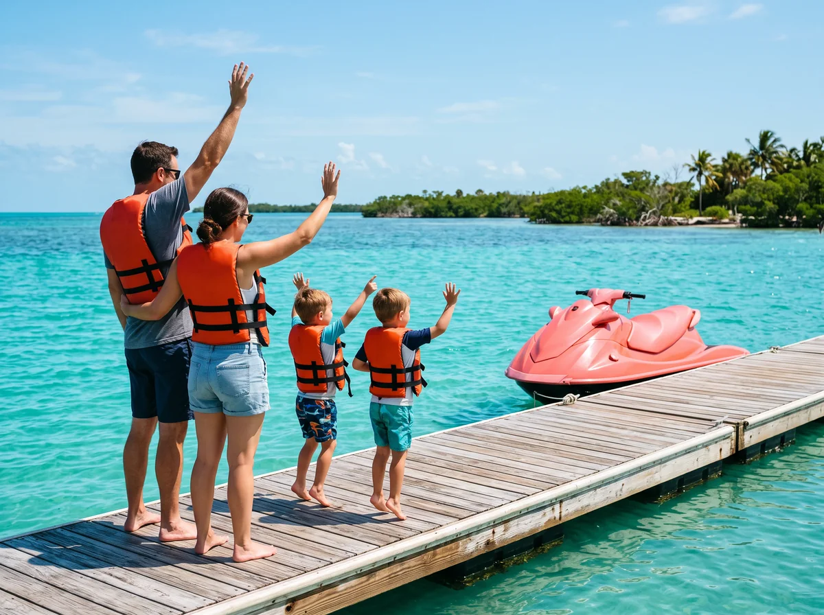 A family in life vests waves from a sunny dock beside a jet ski on calm water.