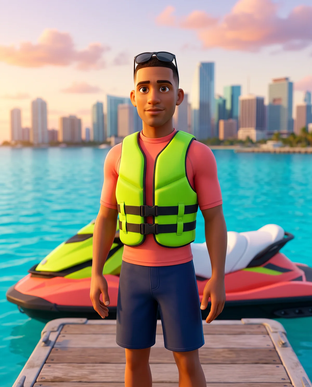 Illustration: a friendly jet ski host in a lime life vest stands relaxed beside a coral jet ski.
