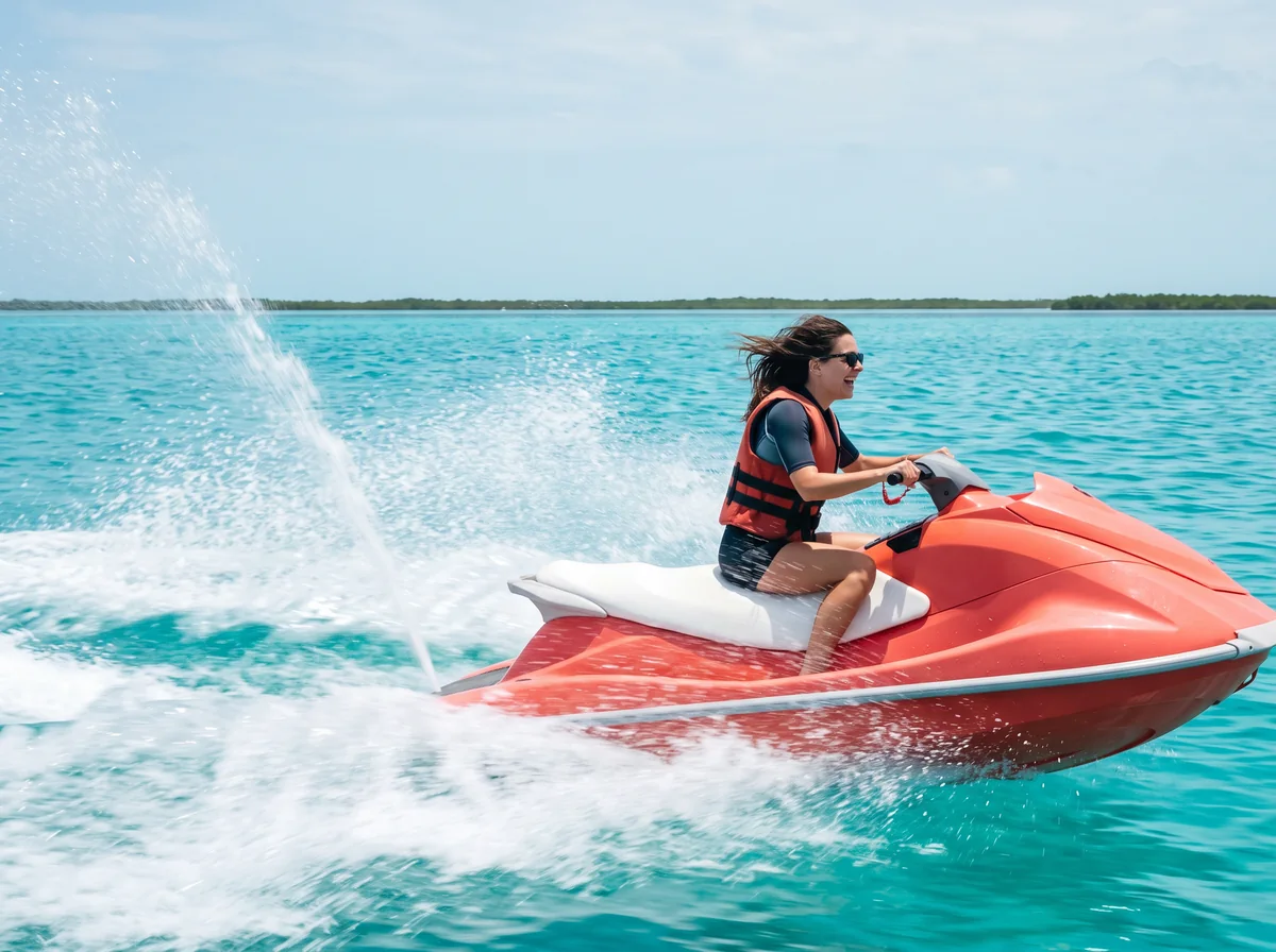 A rider laughs on a jet ski beside a fan of bright spray