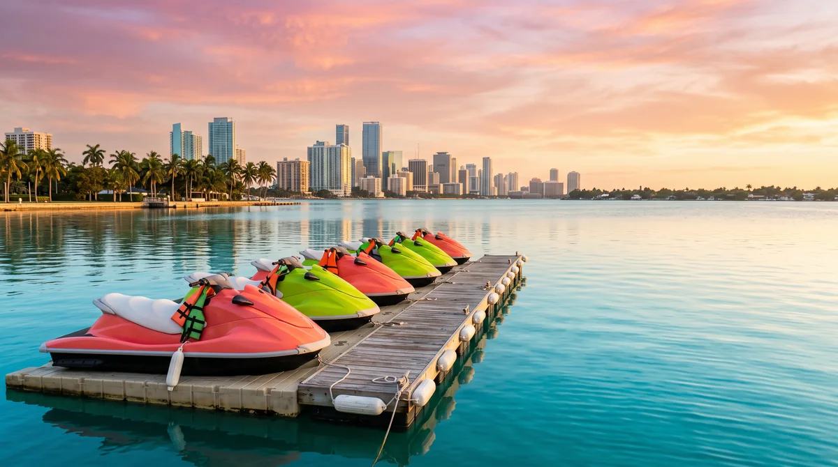 A row of coral and lime jet skis waits at a floating dock in golden morning light.