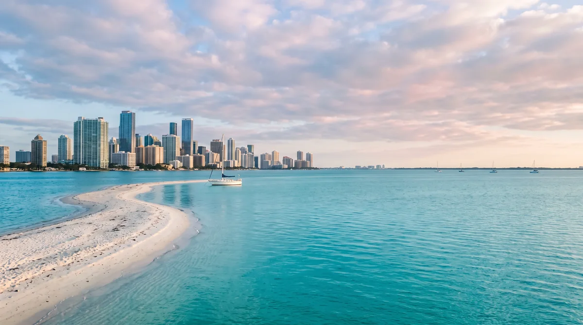 A wide turquoise bay stretches toward a distant city skyline under a soft cloudy sky.