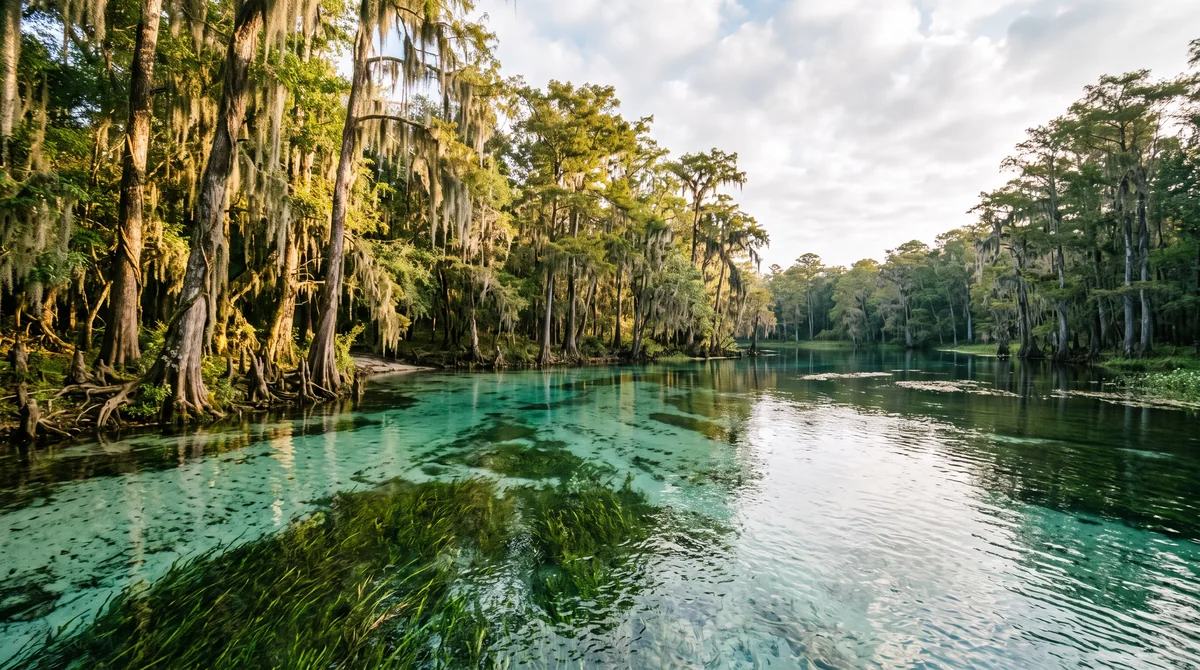 Clear turquoise water runs over white sand beneath cypress trees draped in Spanish moss.