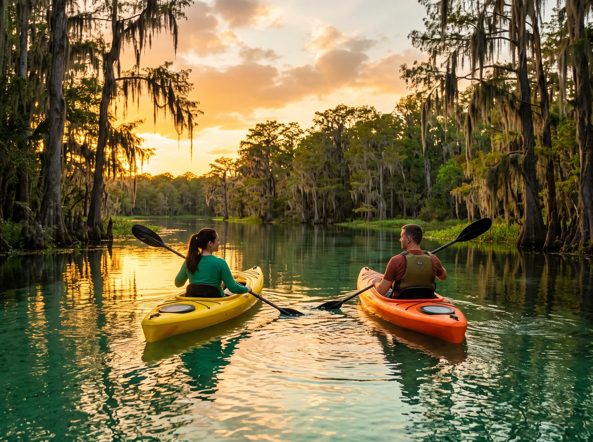 A couple seen from behind drift side by side in kayaks at golden sunset on still water.