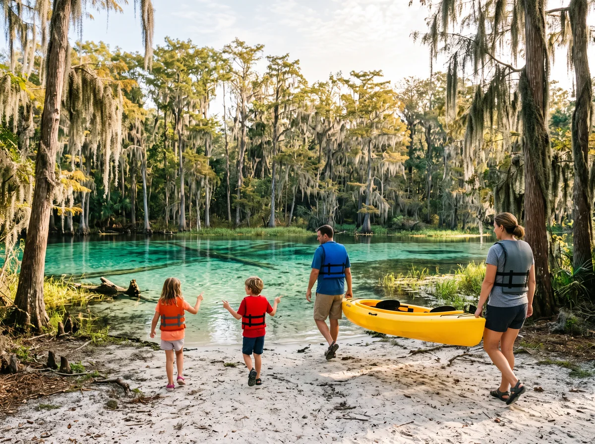 A family in life vests carries a yellow kayak toward the water at a sandy launch.