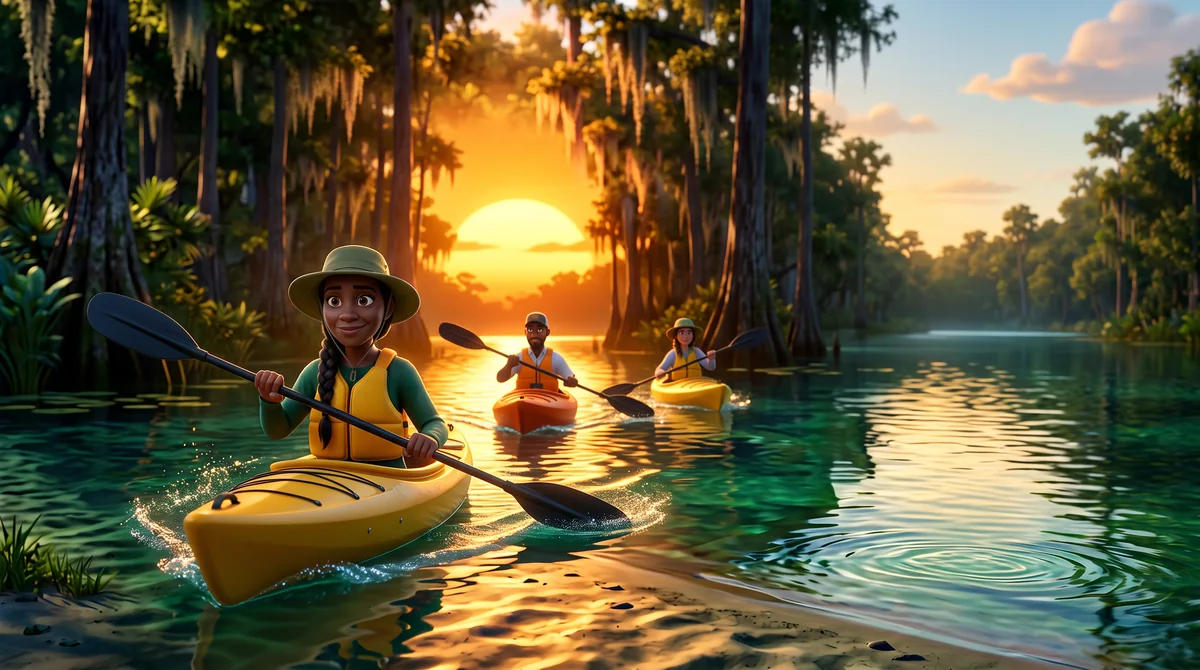 Illustration: the guide and three kayakers paddle home down a glowing waterway toward a sunset.