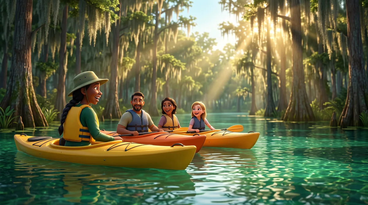 Illustration: the kayak guide turns and laughs with three paddlers in colourful kayaks.