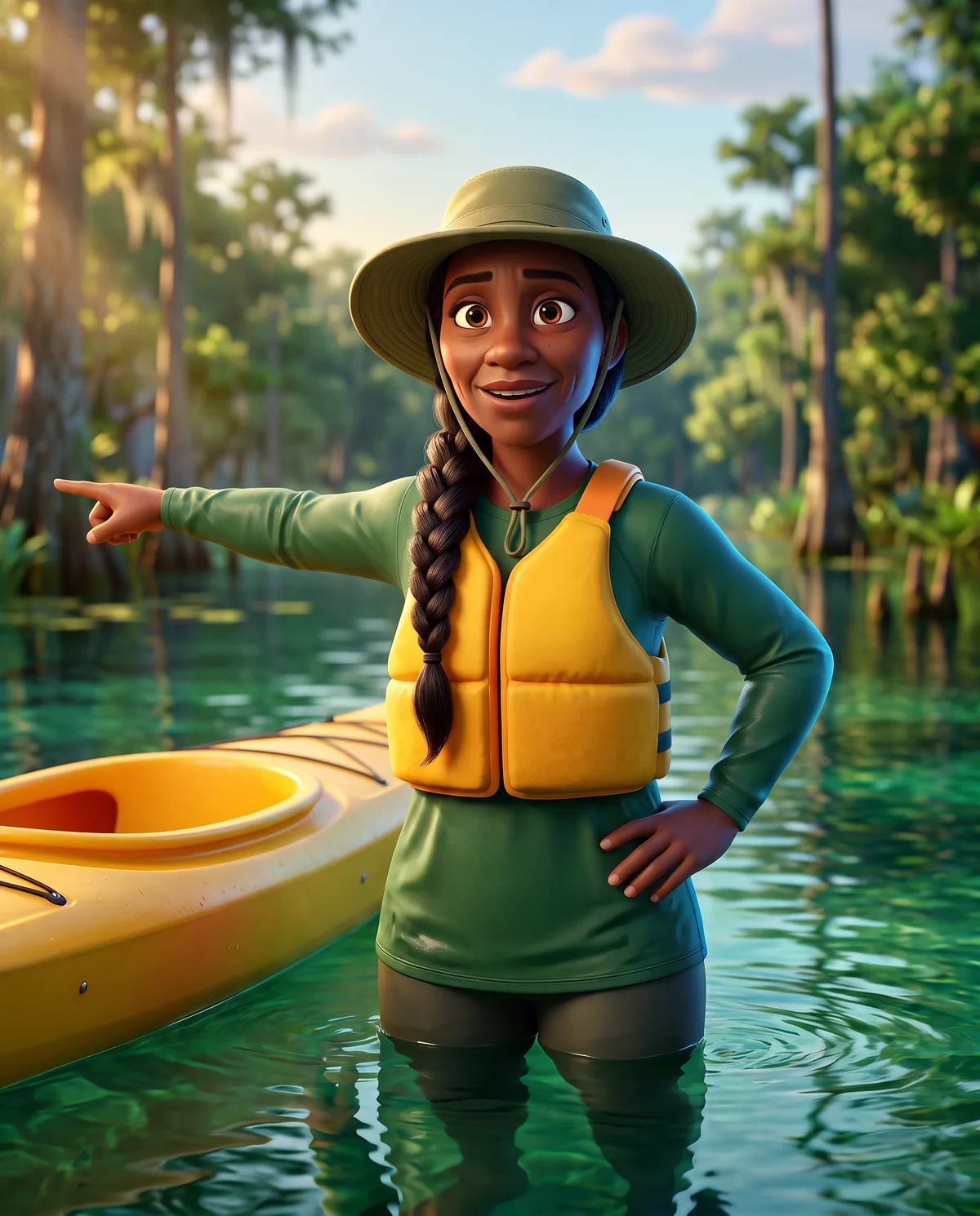 Illustration: the kayak guide points off to the side with a welcoming look.