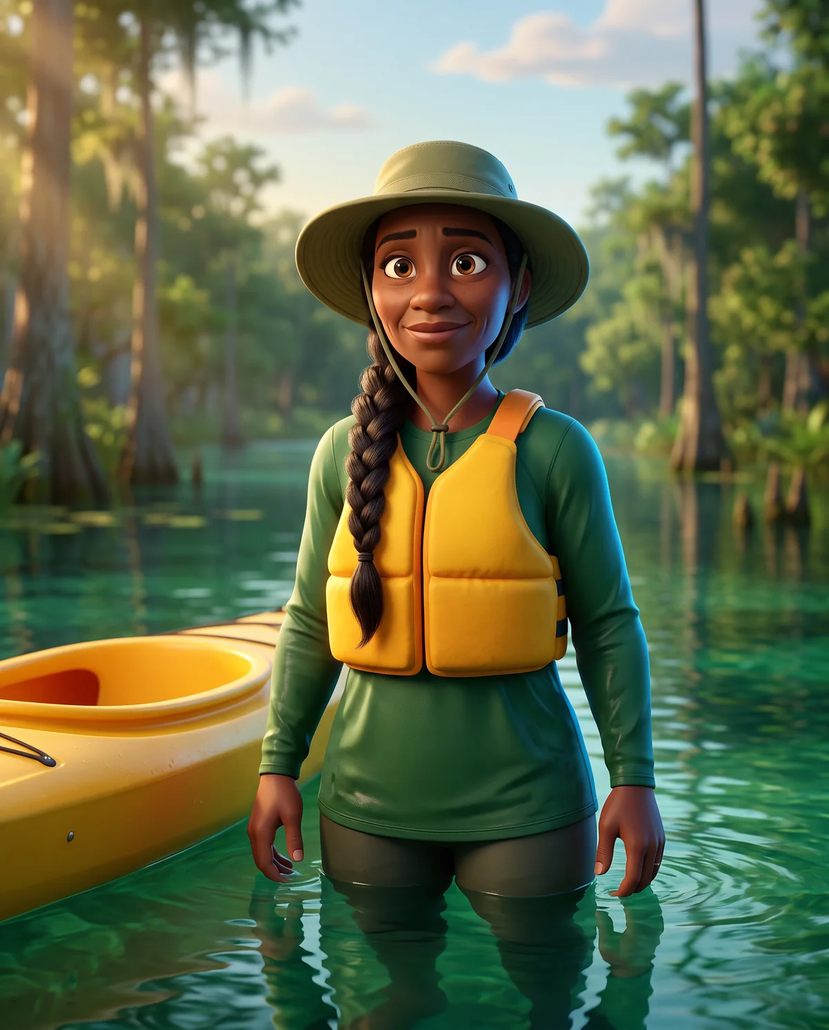 Illustration: a friendly kayak guide in a yellow life vest and bucket hat stands in clear shallow water.