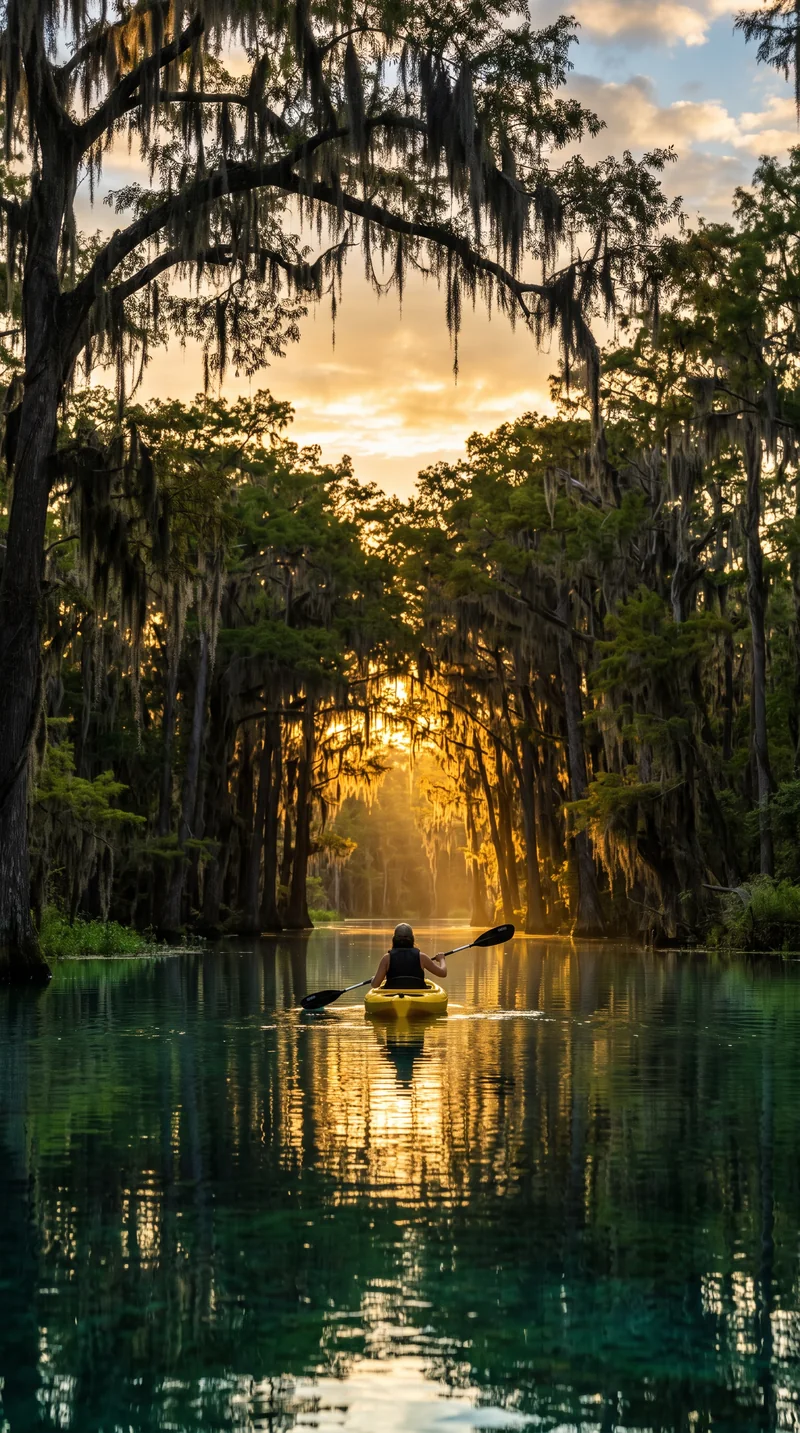 A lone yellow kayak glides into a glowing green tunnel of trees lit by golden sunbeams