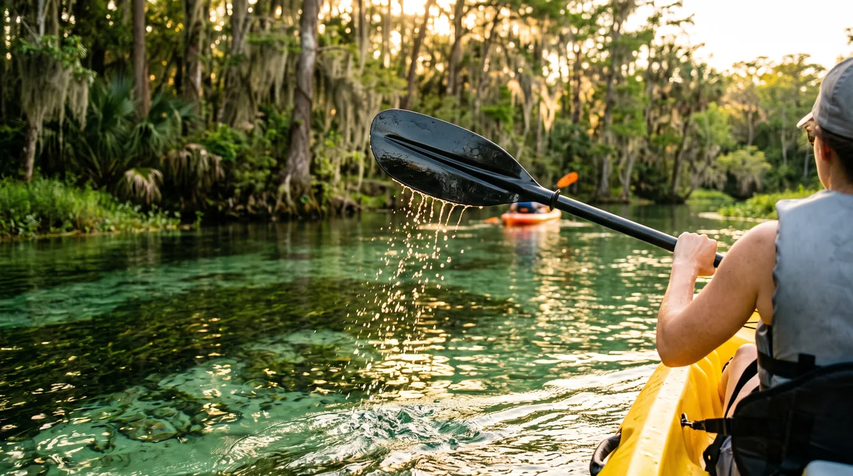 A paddle blade dips into clear emerald water in golden backlight as drops fall from its edge.